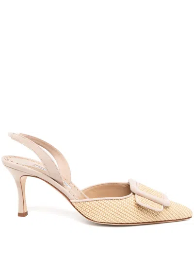 Manolo Blahnik Maysli Woven Buckle Slingback Pumps In Beige