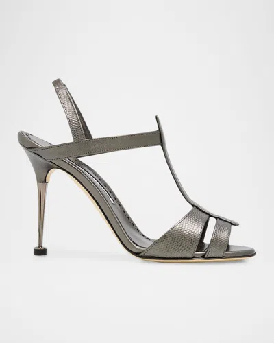 Manolo Blahnik 70mm Retaux Metallic Leather Sandals In Gray