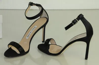 Pre-owned Manolo Blahnik $865  Chaos Jet Black Satin Crystals Sandals Shoe 36.5 37 39.5