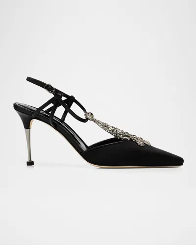 Manolo Blahnik 90mm Bolero Embellished T-strap Satin Pumps In Black
