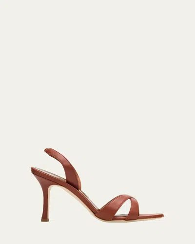 Manolo Blahnik 90mm Callasli Crossover Leather Slingback Sandals In Brown