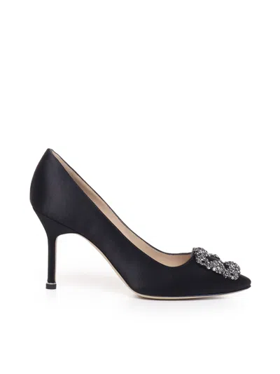 Manolo Blahnik Satin Almond Toe High Heels In Black