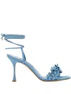 Manolo Blahnik 90mm Flower-embellished Lace-up Heeled Sandals In Blue