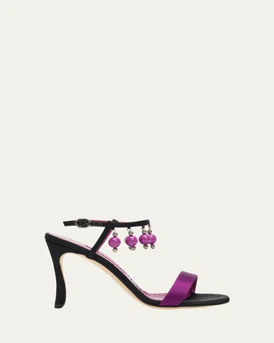 Manolo Blahnik 90mm Kasasan Beaded Satin Sandals In Purple