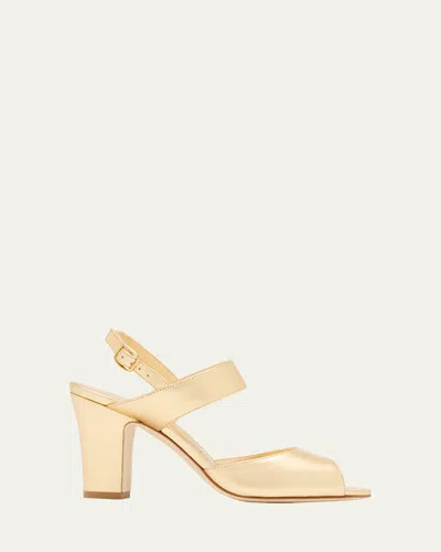 Manolo Blahnik 90mm Khiko Metallic Leather Peep-toe Slingback Sandals In Nude