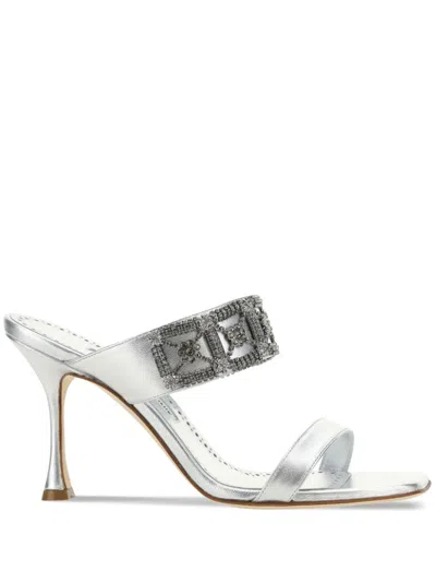 Manolo Blahnik Larapa 90 Crystal-embellished Metallic Leather Sandals In Blue