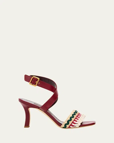Manolo Blahnik 90mm Mabeco Embroidered Crochet Leather Sandals In Burgundy