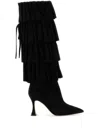 Manolo Blahnik Suede Miralone Boots With Pointed Toe And Ruffled Design In Black