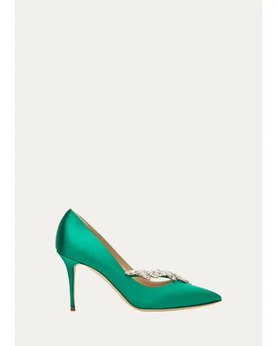 Manolo Blahnik 90mm Nadira Embellished Satin Pumps In Green
