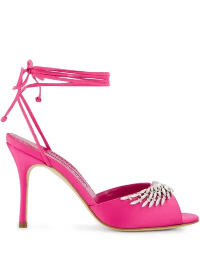 Manolo Blahnik 90mm Plumena Satin Sandals In Fuchsia