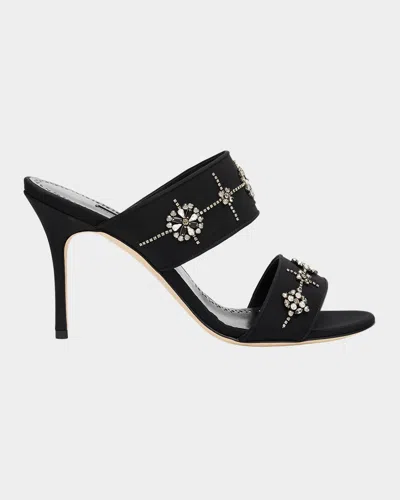 Manolo Blahnik 90mm Ralota Embellished Satin Mule Sandals In Black
