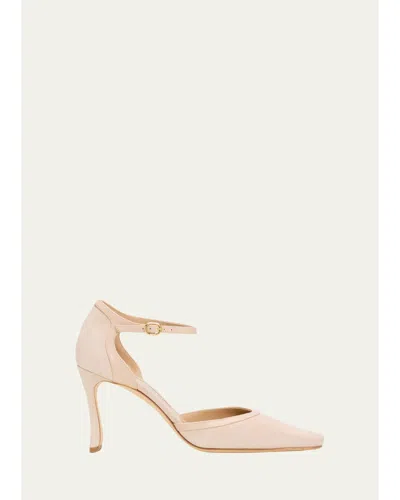 Manolo Blahnik 90mm Verdusan Mixed Leather Ankle-strap Pumps In Nude