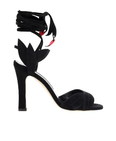 Manolo Blahnik 95mm Floral-motif Leather Sandals In Black