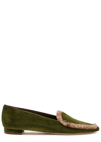 Manolo Blahnik Agofran Fringed Velvet Loafers In Green