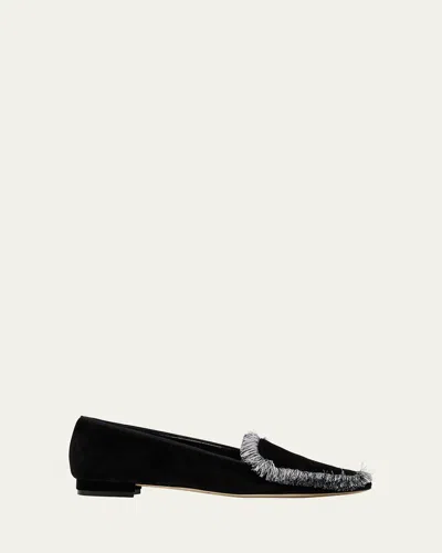 Manolo Blahnik Agrofran Velvet Fringe-trim Loafers In Black