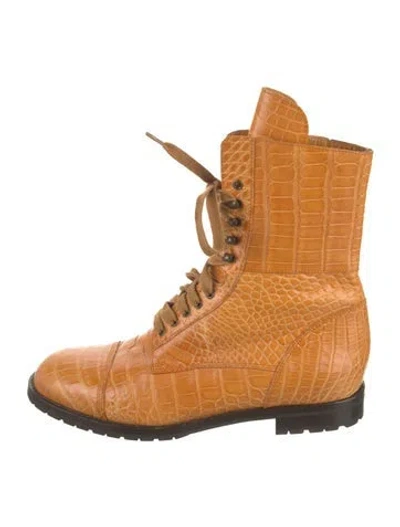 Pre-owned Manolo Blahnik Alligator Printed Combat Boots In Neutral