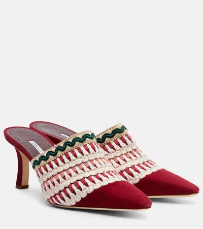 Manolo Blahnik Alo 70 Embroidered Suede Mules In Red