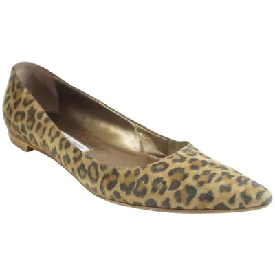 Pre-owned Manolo Blahnik Animal Print Suede Flats - 38.5 In Brown