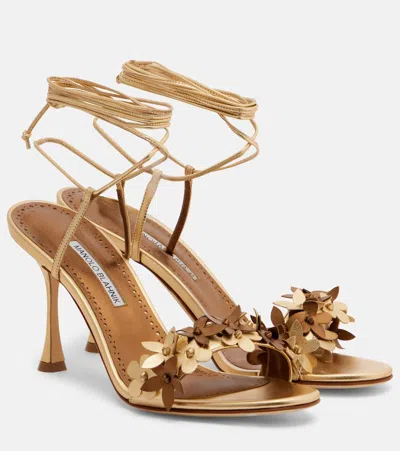 Manolo Blahnik Anista Floral-applique Leather Sandals