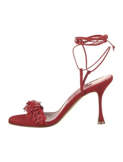 Pre-owned Manolo Blahnik Anista Floral-appliqué Leather Gladiator Sandals In Red
