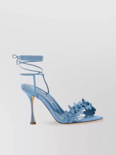 Manolo Blahnik Anista Leather Sandals Floral Embellishment In Blue