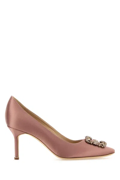 MANOLO BLAHNIK ANTIQUED PINK SATIN HANGISI PUMPS