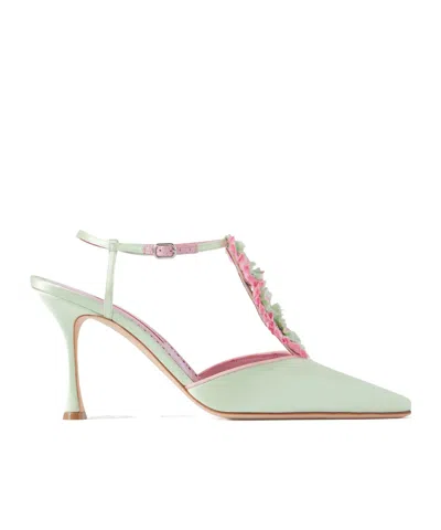 Manolo Blahnik Hebes 90 Appliquéd Satin Mary Jane Pumps In Green
