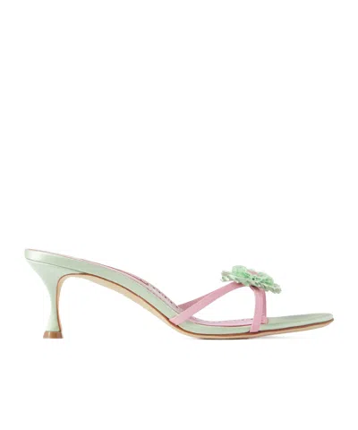 Manolo Blahnik Paliss 50 Appliquéd Satin Mules In Green