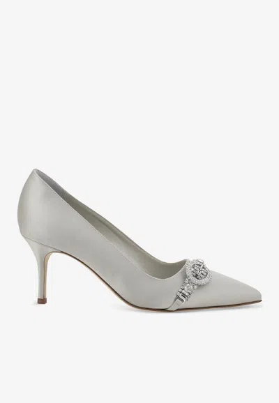 Manolo Blahnik Asapump 70 Crystal-embellished Satin Pumps In Gray