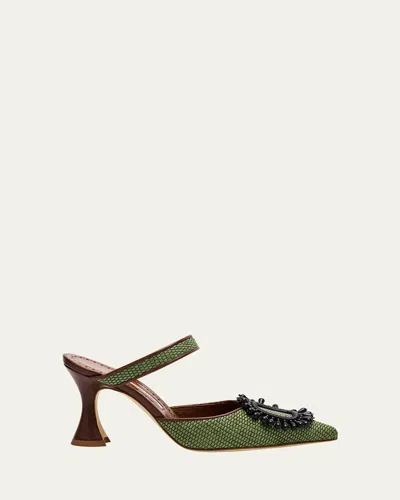 Manolo Blahnik Atika Woven Ornament Mule Pumps In Dark Green