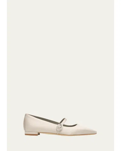 Manolo Blahnik Auluspla Satin Embellished Mary Jane Ballerina Flats In Neutral