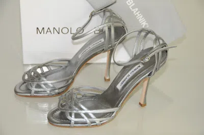 Pre-owned Manolo Blahnik Azion Silver Ankle Strap Strappy Sandals Shoes Wedding Heels