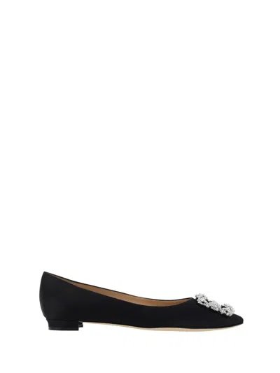 Manolo Blahnik Logo Crystal Decorative Buckle Flat Shoes In Black