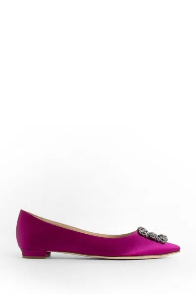 Manolo Blahnik Hangisiflat Crystal Buckle Satin Flats In Fuchsia