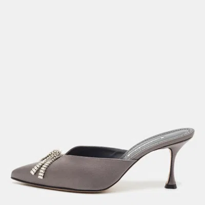 Pre-owned Manolo Blahnik Bambimu Size 40 Grey Satin Mules In Gray