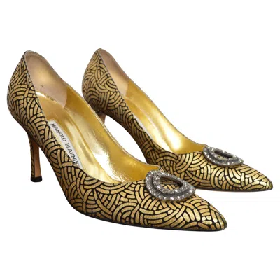 Pre-owned Manolo Blahnik Bb 105 Gold Black Pumps 2000s Jewel Encrusted Pointed Court Heels
