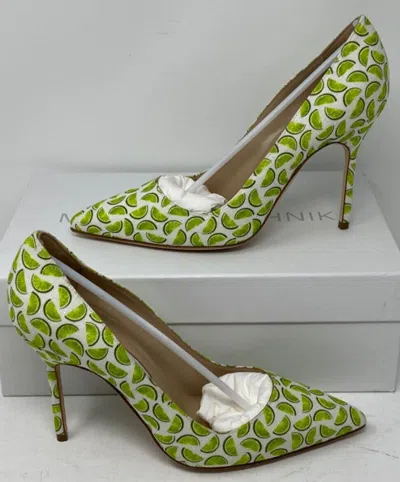 Pre-owned Manolo Blahnik Bb 105 Pointy Toe Pump White Green Linen Limes Size 7.5 37.5 Eu