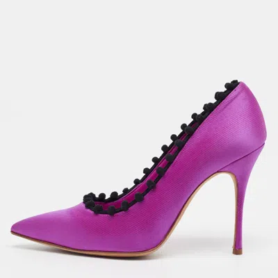 Pre-owned Manolo Blahnik Bb Size 38 Pink/black Satin Pom Pom Pumps