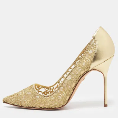 Pre-owned Manolo Blahnik Bbla Size 41 Gold Leather And Mesh Pumps