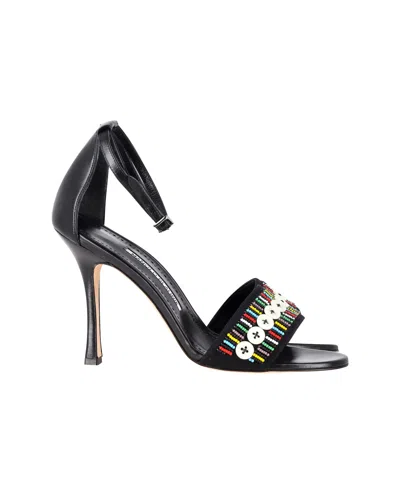 Manolo Blahnik Beaded Open-toe Sandals In Black Leather