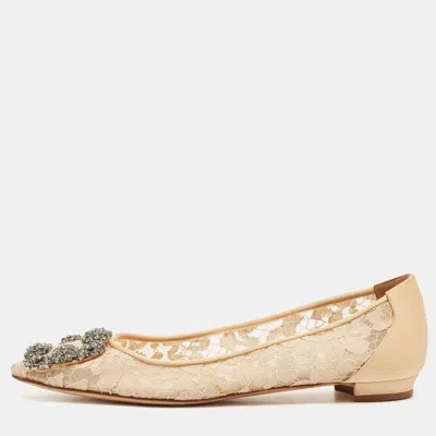 Pre-owned Manolo Blahnik Beige Lace And Satin Hangisi Embellished Ballet Flats Size 36