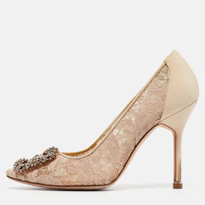 Pre-owned Manolo Blahnik Beige Lace And Satin Hangisi Pumps Size 36.5