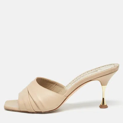 Pre-owned Manolo Blahnik Beige Pleated Leather Slide Sandals Size 36.5