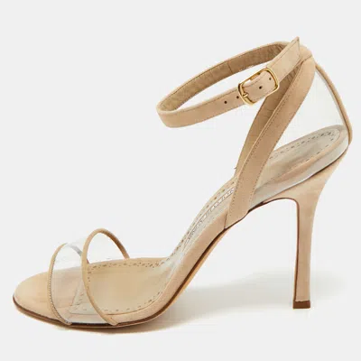Pre-owned Manolo Blahnik Beige Pvc And Suede Ankle Strap Sandals Size 38