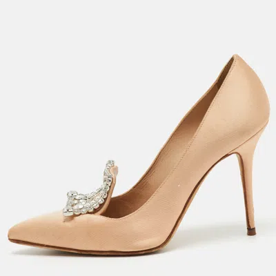 Pre-owned Manolo Blahnik Beige Satin Borlak Crystal Embellished Pointed Toe Pumps Size 36