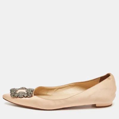 Pre-owned Manolo Blahnik Beige Satin Hangisi Flat Pumps Size 37