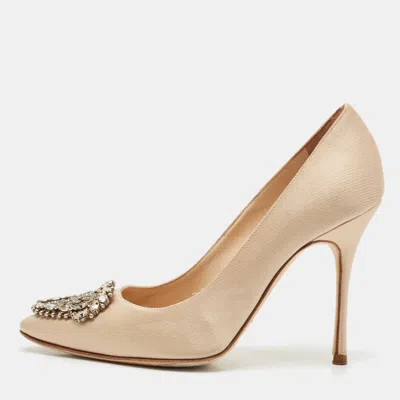 Manolo Blahnik Beige Satin Okkato Crystal Embellished Pumps In Neutral