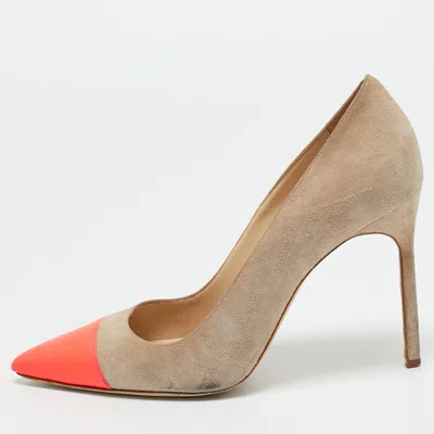 Manolo Blahnik Beige/neon Pink Leather And Suede Bipunta Pumps In Multi