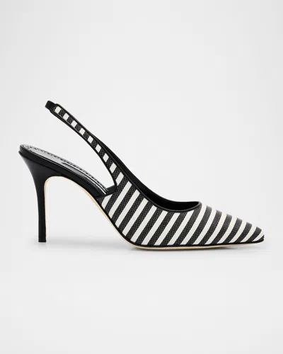 Manolo Blahnik Bicolor Cotton Slingback Pumps In Black/white