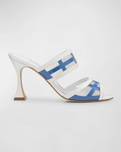 Manolo Blahnik Bicolor Leather Dual-band Slide Sandals In White/navy